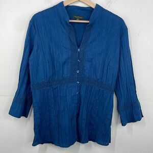 Cottagecore Boho Crinkled Button Down Crew Neck Crochet Detail 3/4 sleeve Large